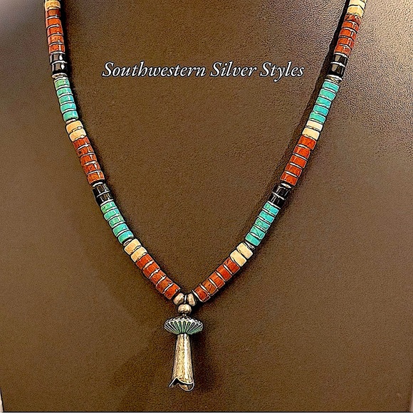 Southwestern Sterling Silver Navajo Pearls Turquoise Squash Blossom Necklace - Picture 1 of 8